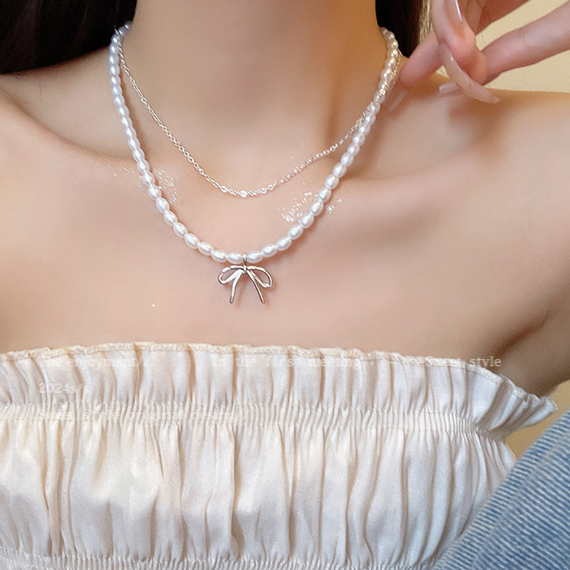 Necklace Double Layered Pearl Temperament Bow Pendant HXNX1463