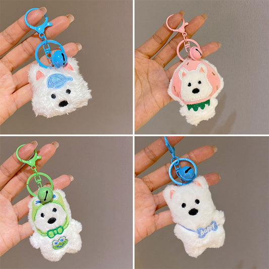 Gantungan Kunci Boneka Lucu Puppy White Dog Bell Plush Doll Keychain Bag Charm KCE2179