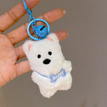 Gantungan Kunci Boneka Lucu Puppy White Dog Bell Plush Doll Keychain Bag Charm KCE2179