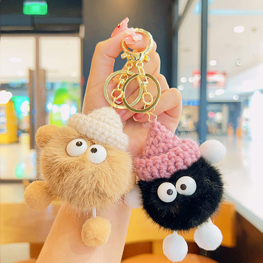 Gantungan Kunci Tas Lucu Kurcaci Pom Pom Kelinci Bulu Topi Rajut Pluffy Bag Keychain