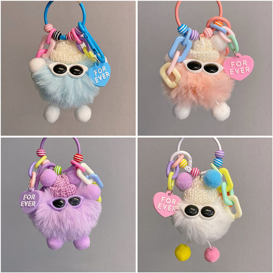 Gantungan Kunci Tas Fluffy Lucu Kurcaci Kacamata Pom Pom Bulu Topi Rajut Pluffy Bag Keychain MCE1628