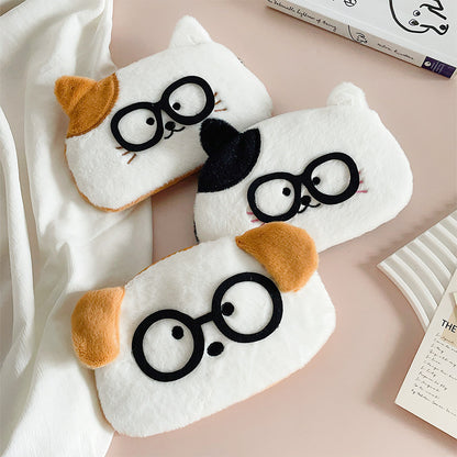 Dompet Tempat Pensil Bulu Boneka Anjing Kucing Kacamata Nerd Cat Dog Pencil Case MCO4795