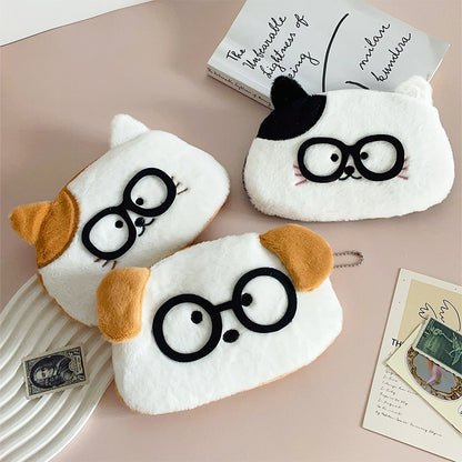 Dompet Tempat Pensil Bulu Boneka Anjing Kucing Kacamata Nerd Cat Dog Pencil Case MCO4795