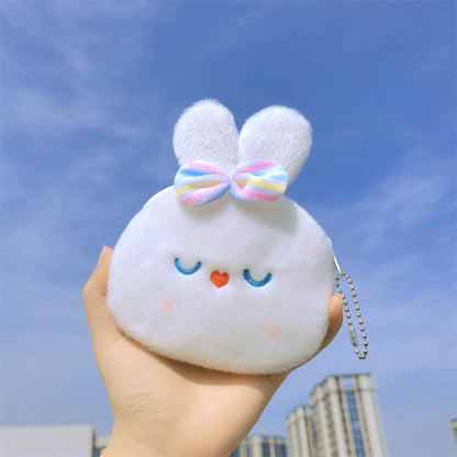 Dompet Koin Bundar Bulu Kelinci Putih Pita Rainbow