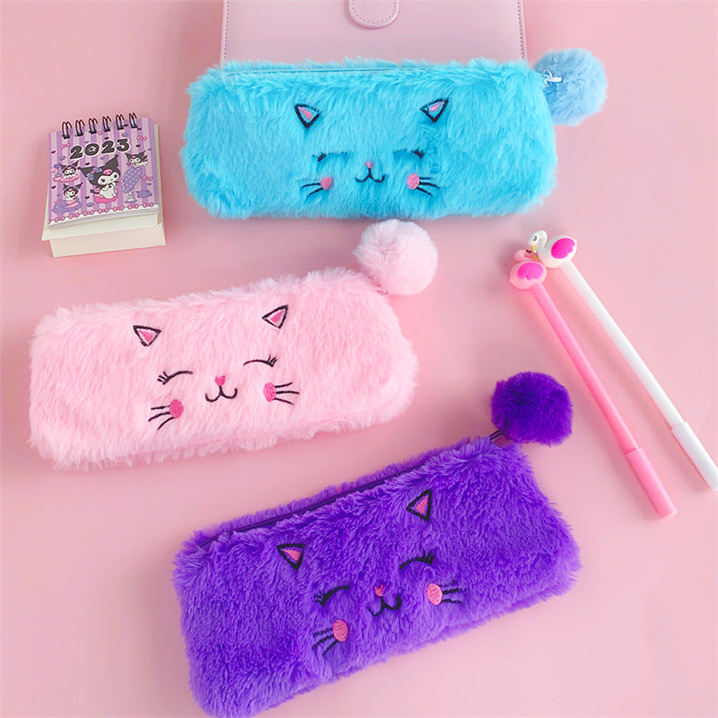 Dompet Tempat Pensil Bulu Muka Kucing Pom Pom