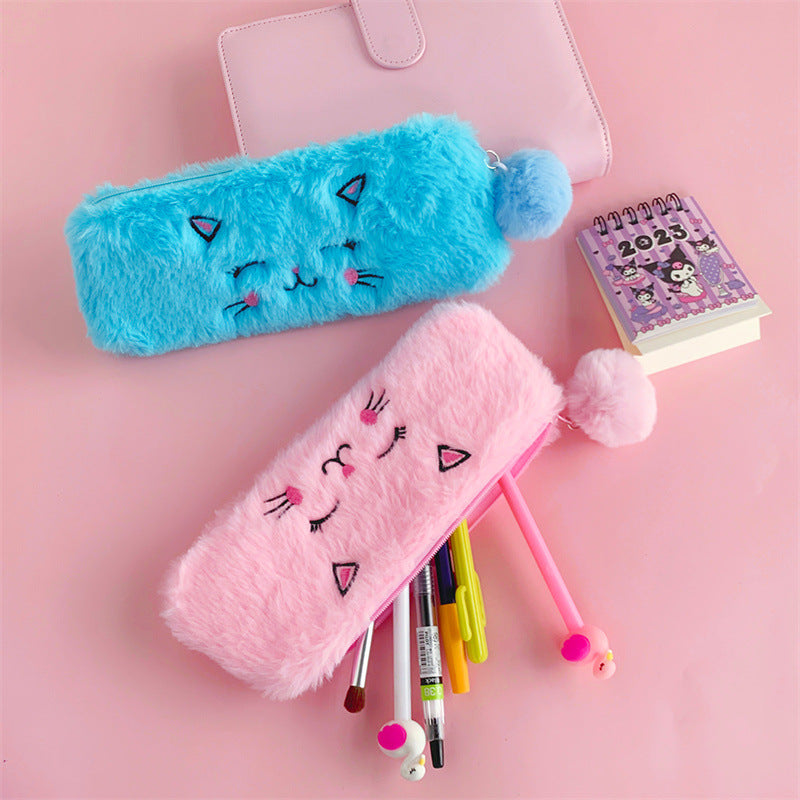 Dompet Tempat Pensil Bulu Muka Kucing Pom Pom