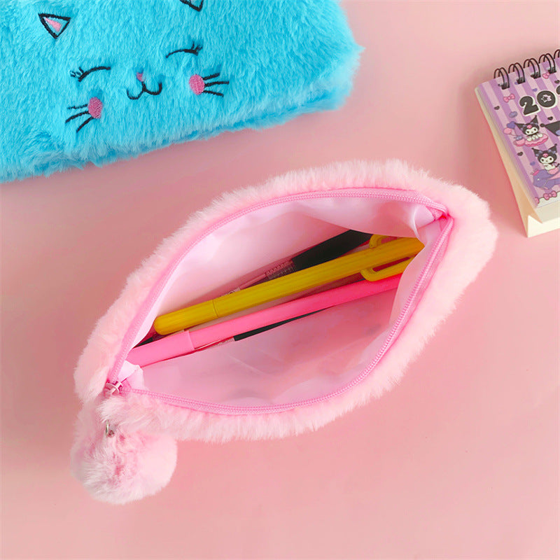 Dompet Tempat Pensil Bulu Muka Kucing Pom Pom