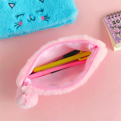 Dompet Tempat Pensil Bulu Muka Kucing Pom Pom