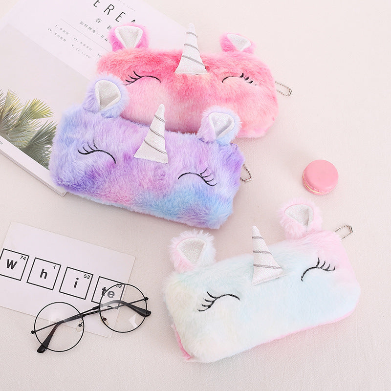 Dompet Tempat Pensil Bulu Muka Unicorn Tanduk Warna Gradasi
