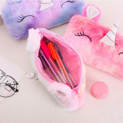 Dompet Tempat Pensil Bulu Muka Unicorn Tanduk Warna Gradasi
