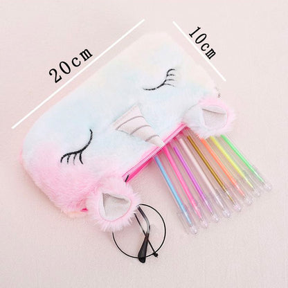 Dompet Tempat Pensil Bulu Muka Unicorn Tanduk Warna Gradasi