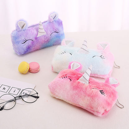 Dompet Tempat Pensil Bulu Muka Unicorn Tanduk Warna Gradasi