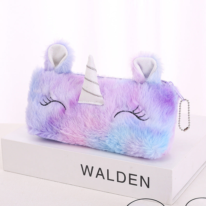 Dompet Tempat Pensil Bulu Muka Unicorn Tanduk Warna Gradasi