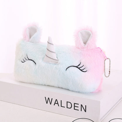 Dompet Tempat Pensil Bulu Muka Unicorn Tanduk Warna Gradasi