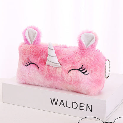 Dompet Tempat Pensil Bulu Muka Unicorn Tanduk Warna Gradasi