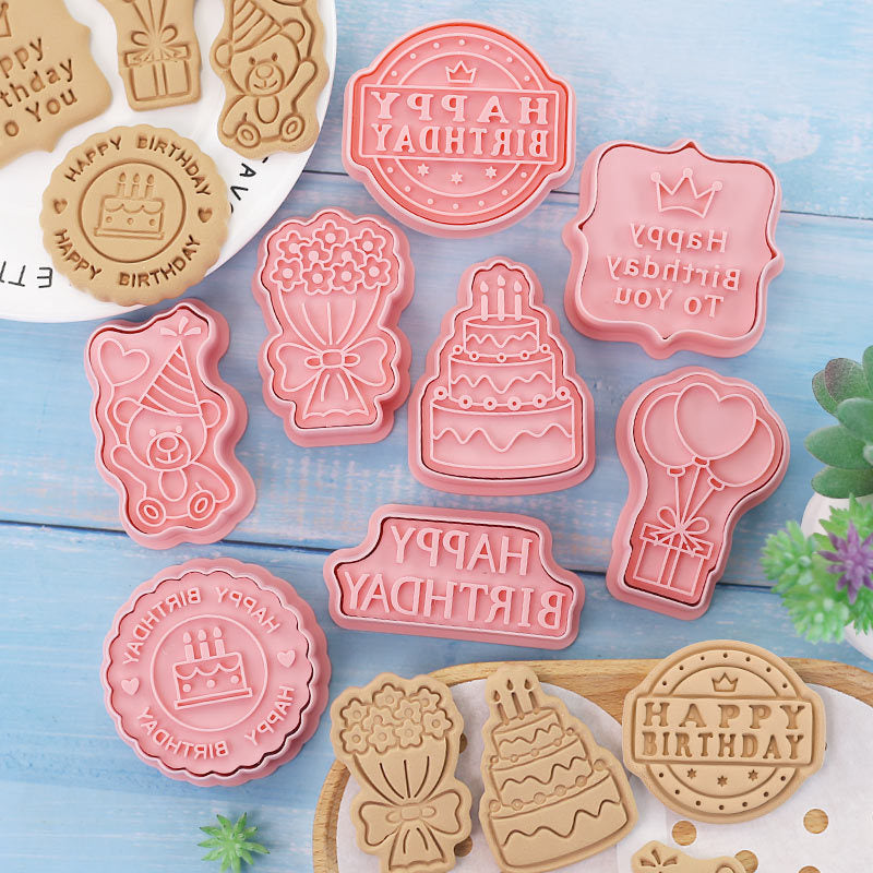 Set 8 Pcs Cookies Cutter Stamp Cetakan Kue Kering Press Tema Ulang Tahun Birthday