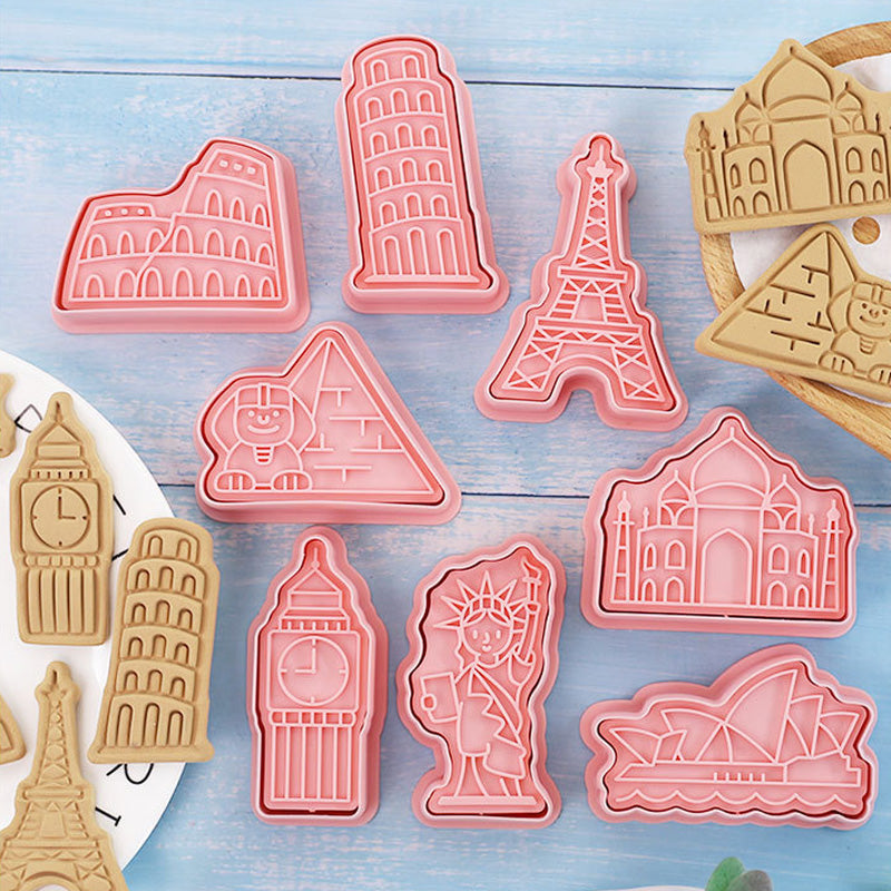 Set 8 Pcs Cookies Cutter Stamp Cetakan Kue Kering Press Tema Building