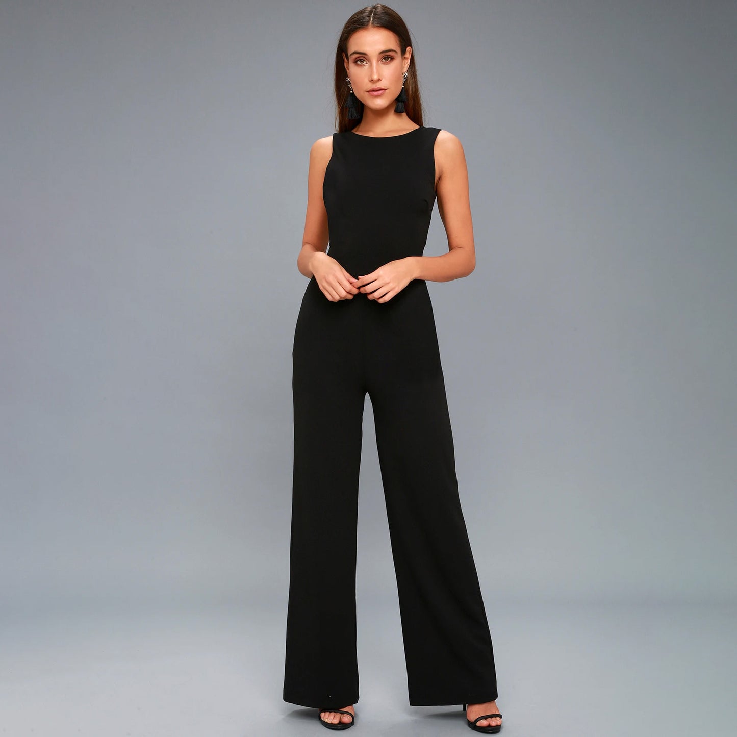 Black Jumpsuit Sexy Backless Wide Leg Sleeveless Elegant Woman Fashion