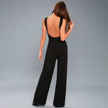 Black Jumpsuit Sexy Backless Wide Leg Sleeveless Elegant Woman Fashion