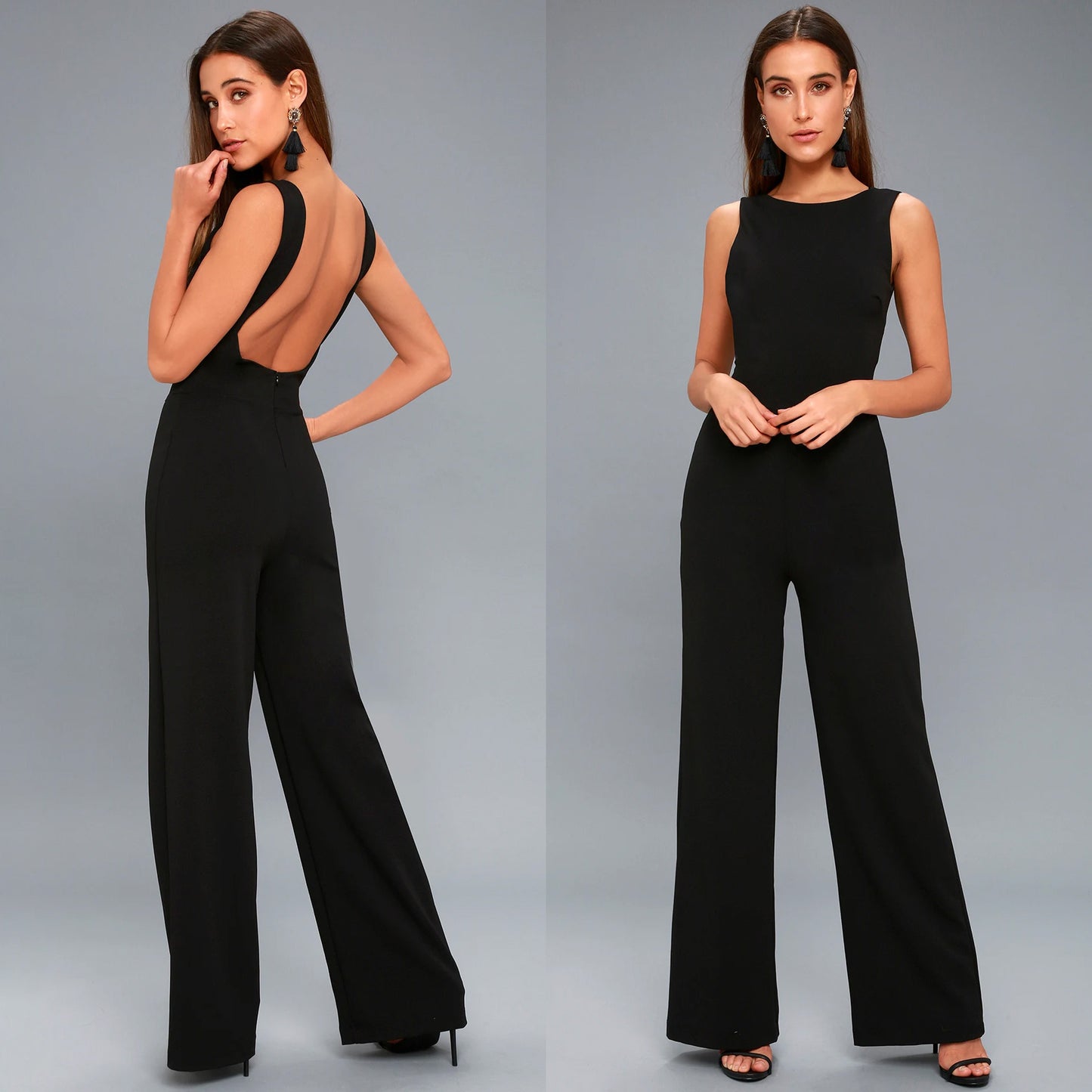 Black Jumpsuit Sexy Backless Wide Leg Sleeveless Elegant Woman Fashion