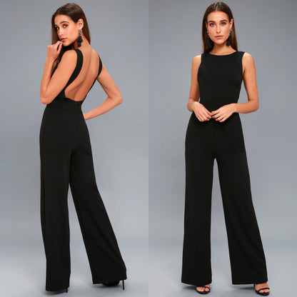 Black Jumpsuit Sexy Backless Wide Leg Sleeveless Elegant Woman Fashion