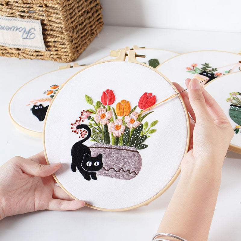 DIY Paket Sulam Tangan Set Menyulam Hand Embroidery Needle Kit Jahit Bordir Black Cat Kucing Lucu