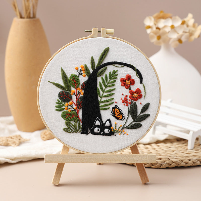 DIY Paket Sulam Tangan Set Menyulam Hand Embroidery Needle Kit Jahit Bordir Black Cat Kucing Lucu