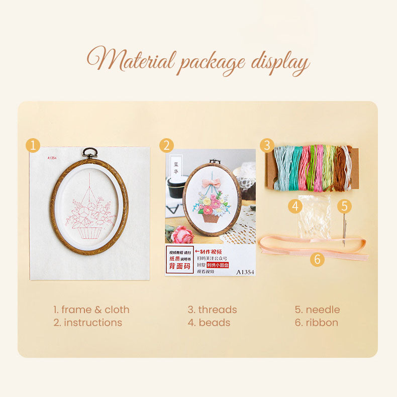 Set Sulam Tangan Pola Pemula Lukisan Hand Embroidery Stater Kit with Vintage Frame