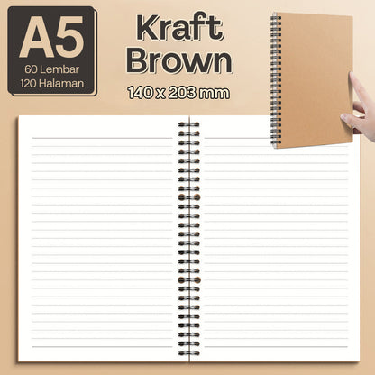 Buku Notebook A5 B5 Kraft Paper Double Coil Halaman Bergaris SBK
