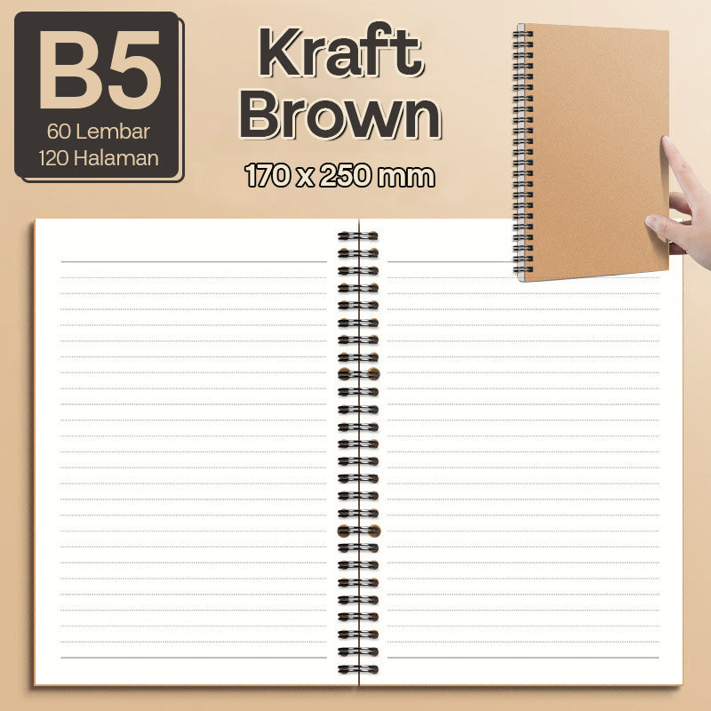 Buku Notebook A5 B5 Kraft Paper Double Coil Halaman Bergaris SBK