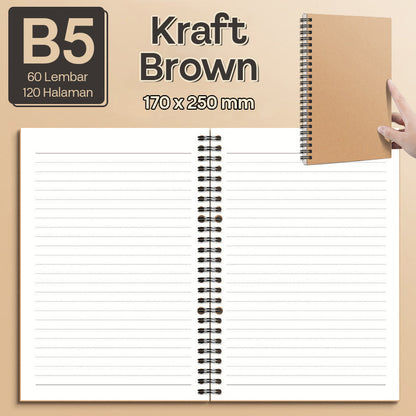 Buku Notebook A5 B5 Kraft Paper Double Coil Halaman Bergaris SBK
