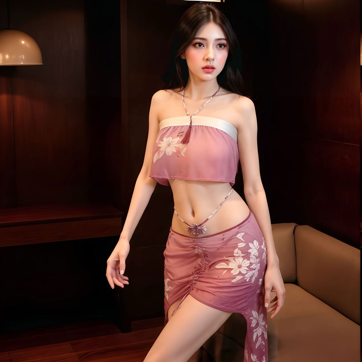 Lingerie Two Pieces Ruffled Back Strings Long Skirt UC0536
