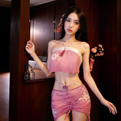 Lingerie Two Pieces Ruffled Back Strings Long Skirt UC0536