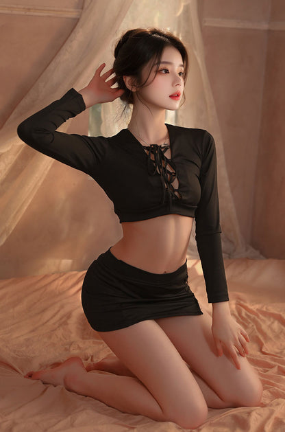 Lingerie Two Pieces Long Sleeves Chest Center and Side Skirt Strings UC0886