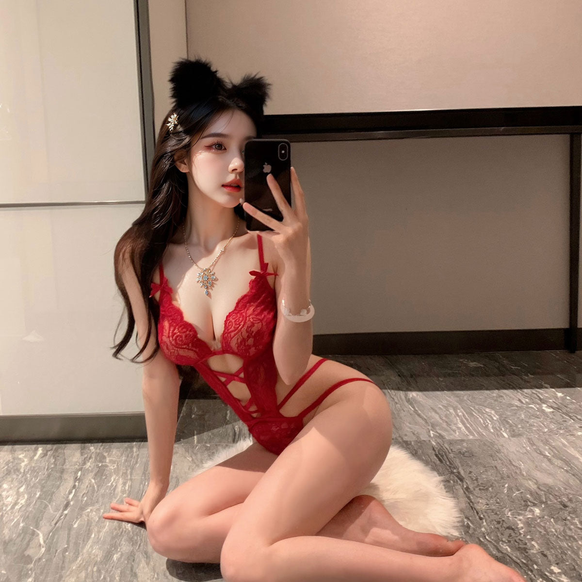 Lingerie Teddy Deep V with Strings Open Belly UD0240