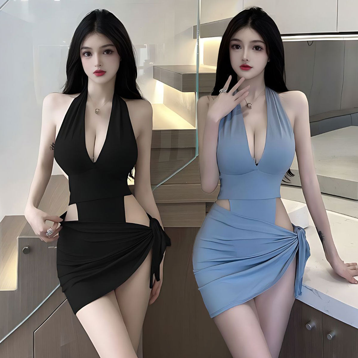 Lingerie Teddy Deep V Halter and Skirt UD0398