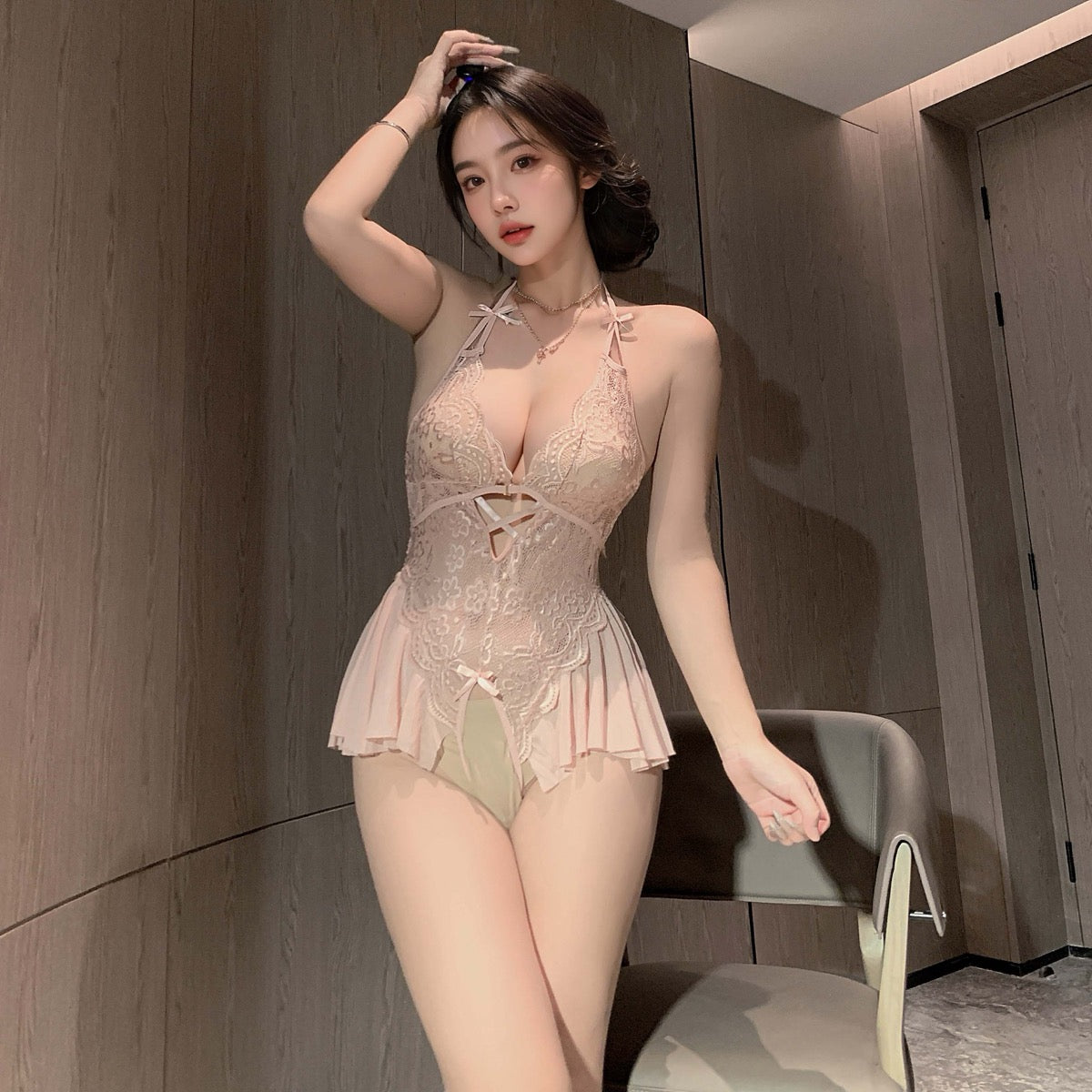 Lingerie Teddy Deep V Strings Ruffled Skirt UD1230