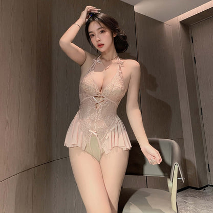 Lingerie Teddy Deep V Strings Ruffled Skirt UD1230