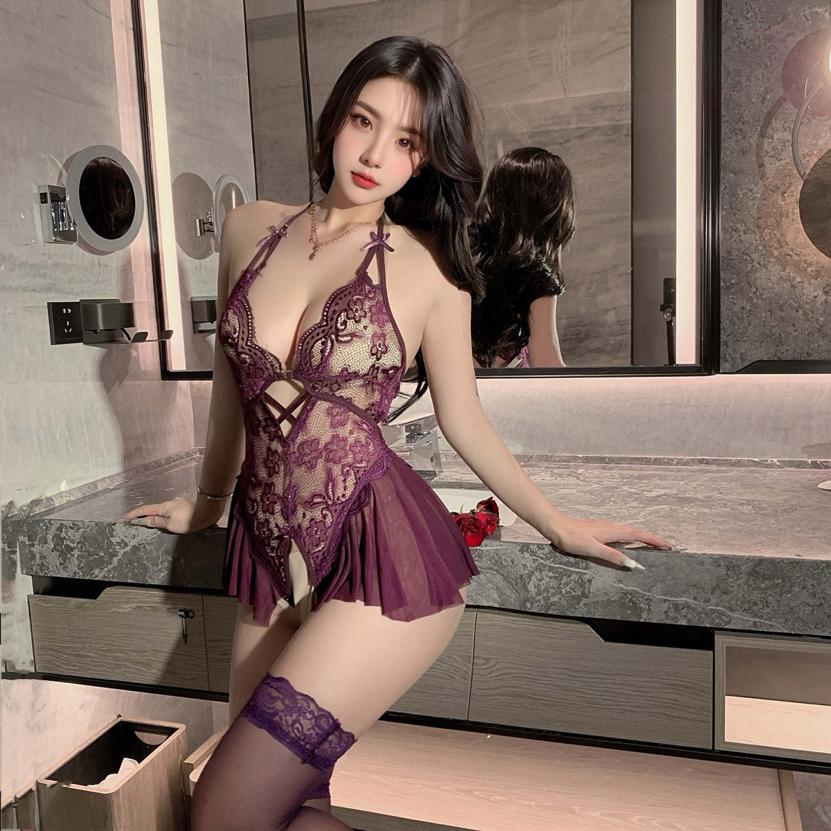 Lingerie Teddy Deep V Strings Ruffled Skirt UD1230