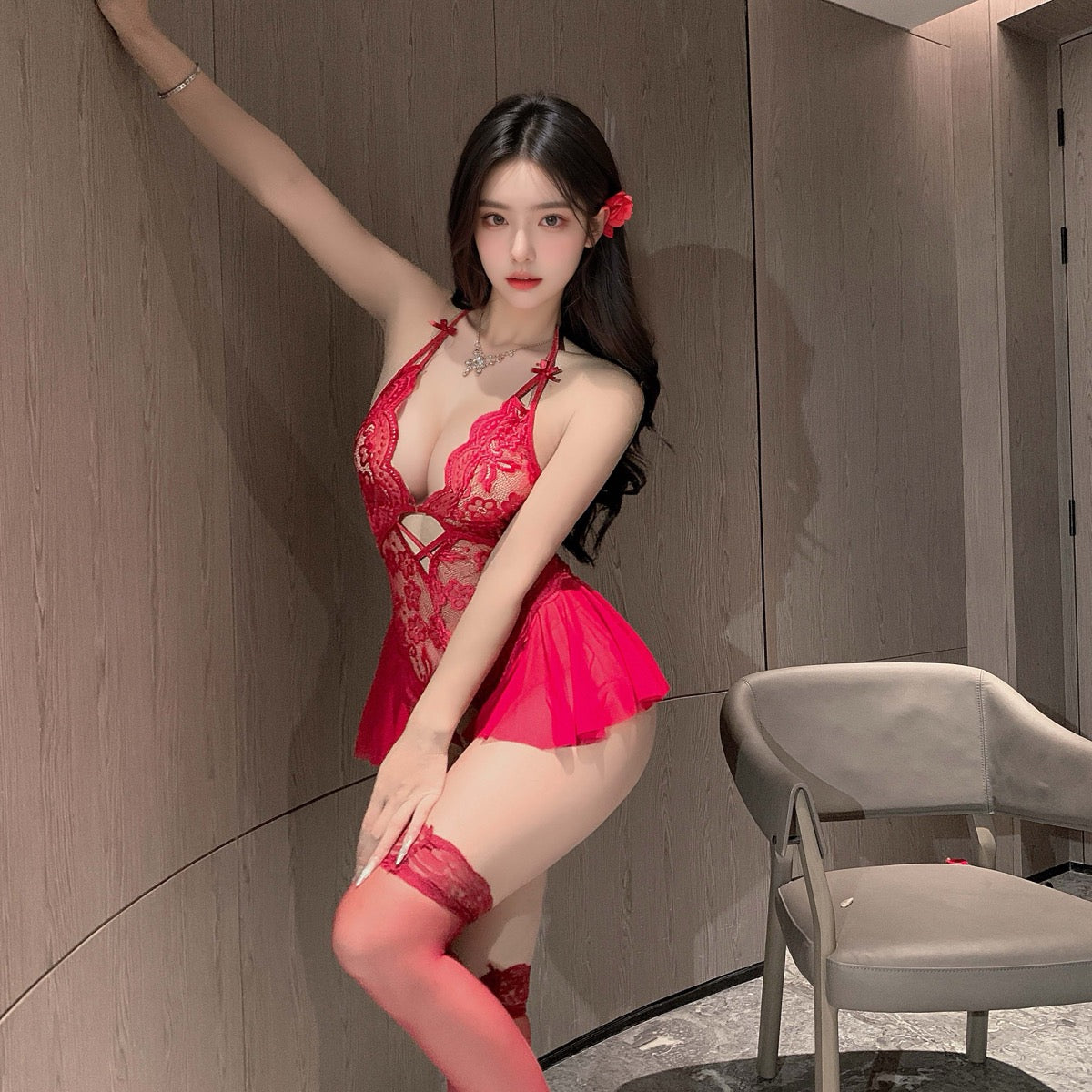 Lingerie Teddy Deep V Strings Ruffled Skirt UD1230