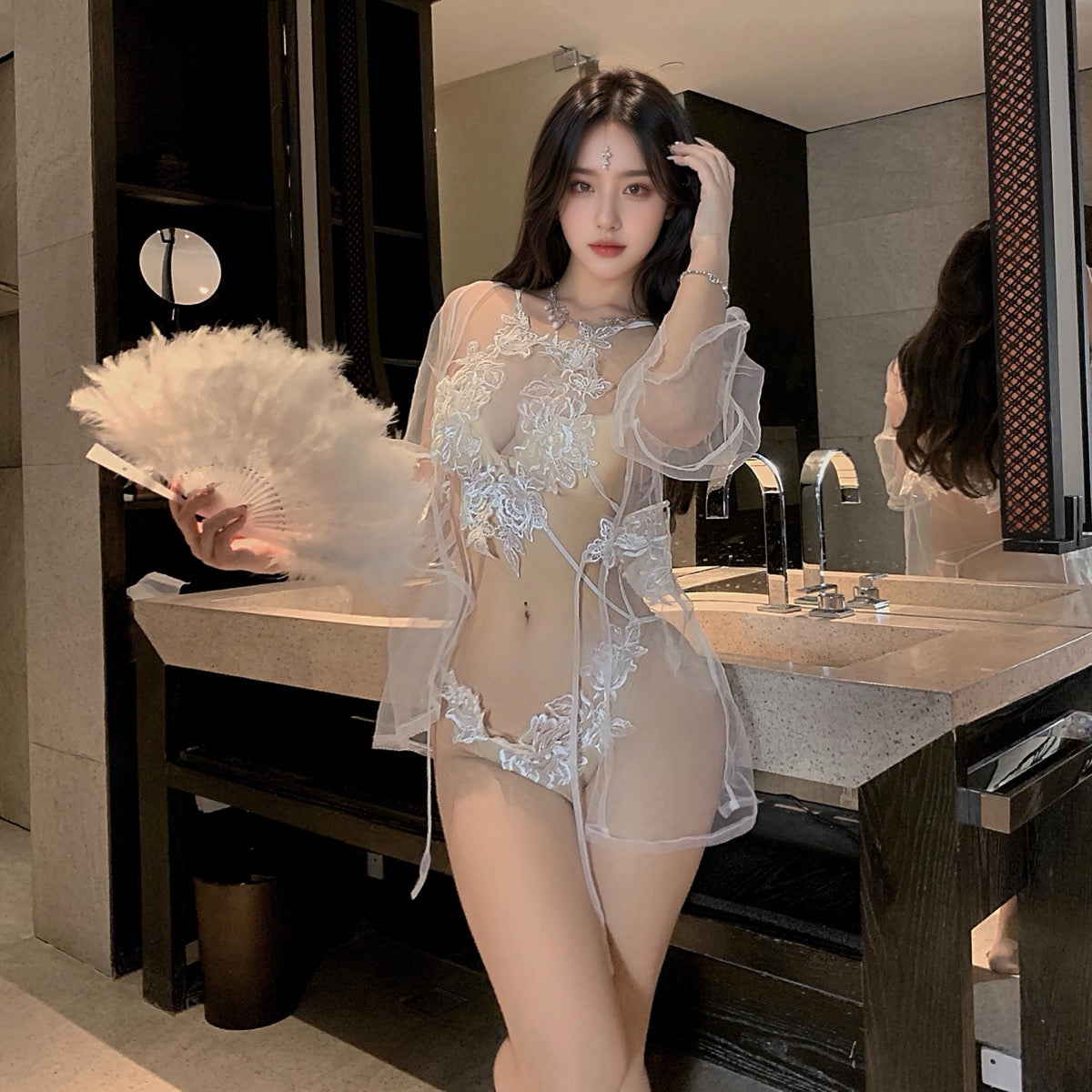 Lingerie Set Robe and Teddy Embroidery Open Belly UD1393