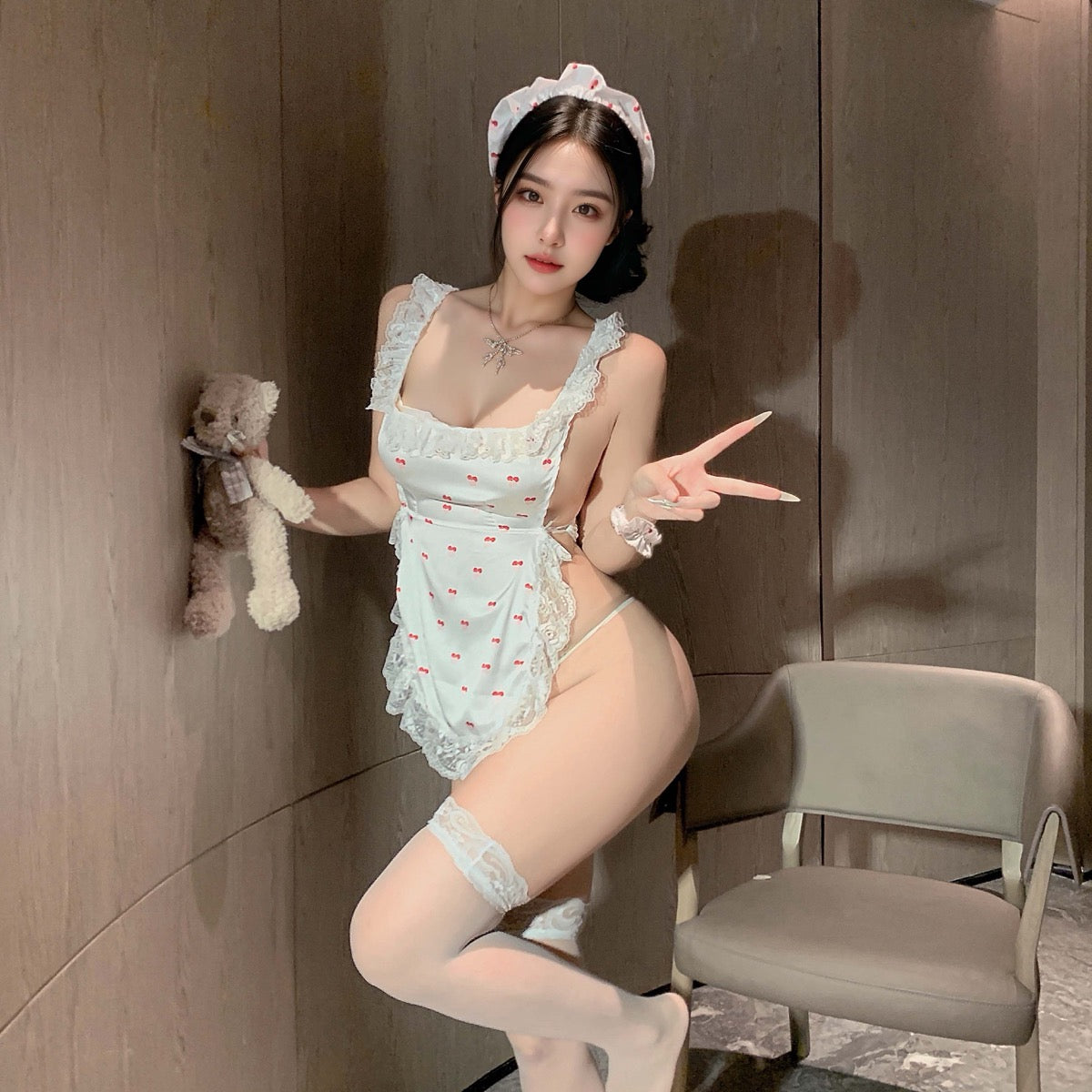 Lingerie Costume Maid Camisole Apron Lace Trim Open Back UL1094