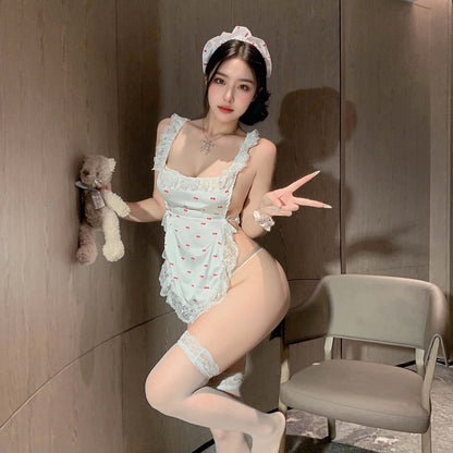 Lingerie Costume Maid Camisole Apron Lace Trim Open Back UL1094