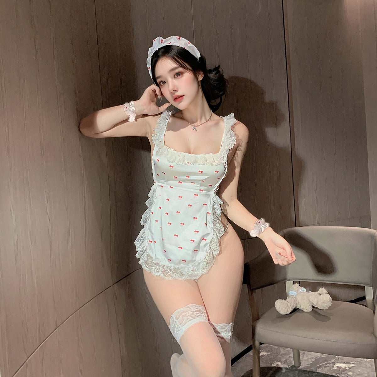 Lingerie Costume Maid Camisole Apron Lace Trim Open Back UL1094