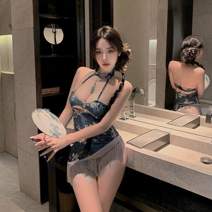 Lingerie Chemise Flower Pattern Tassel Halter UM0807