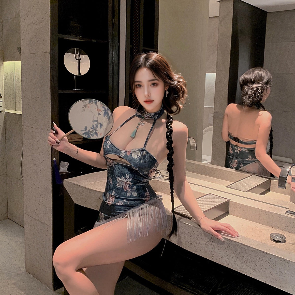 Lingerie Chemise Flower Pattern Tassel Halter UM0807