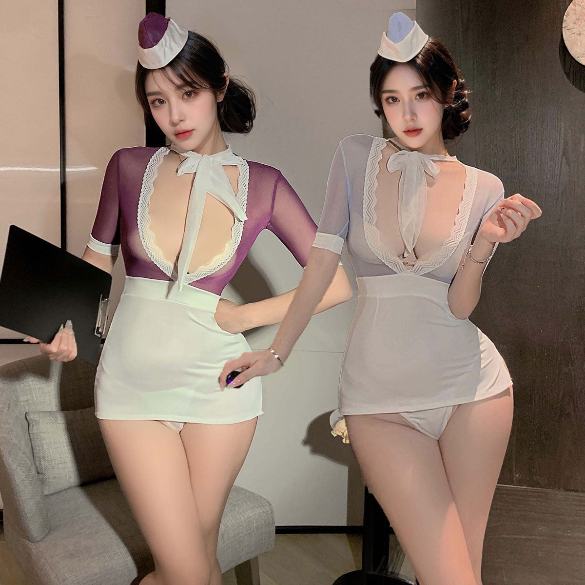 Lingerie Costume Stewardess Chemise Dual Tone Lace Neckline UM1187