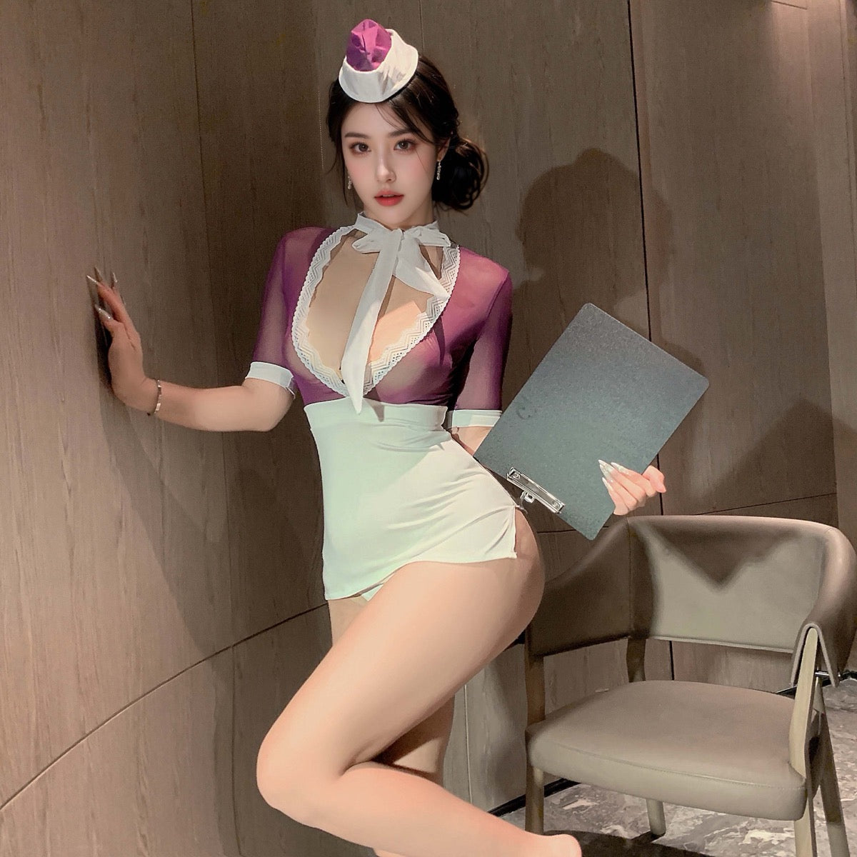 Lingerie Costume Stewardess Chemise Dual Tone Lace Neckline UM1187