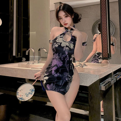 Lingerie Chemise Flower Pattern Open Lower Side Cheongsam UM1398
