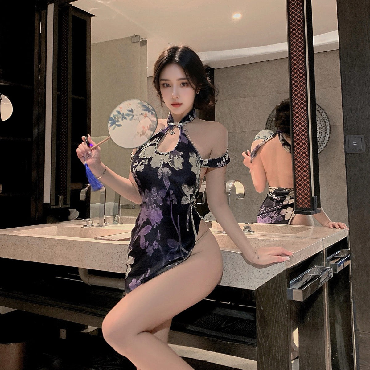 Lingerie Chemise Flower Pattern Open Lower Side Cheongsam UM1398